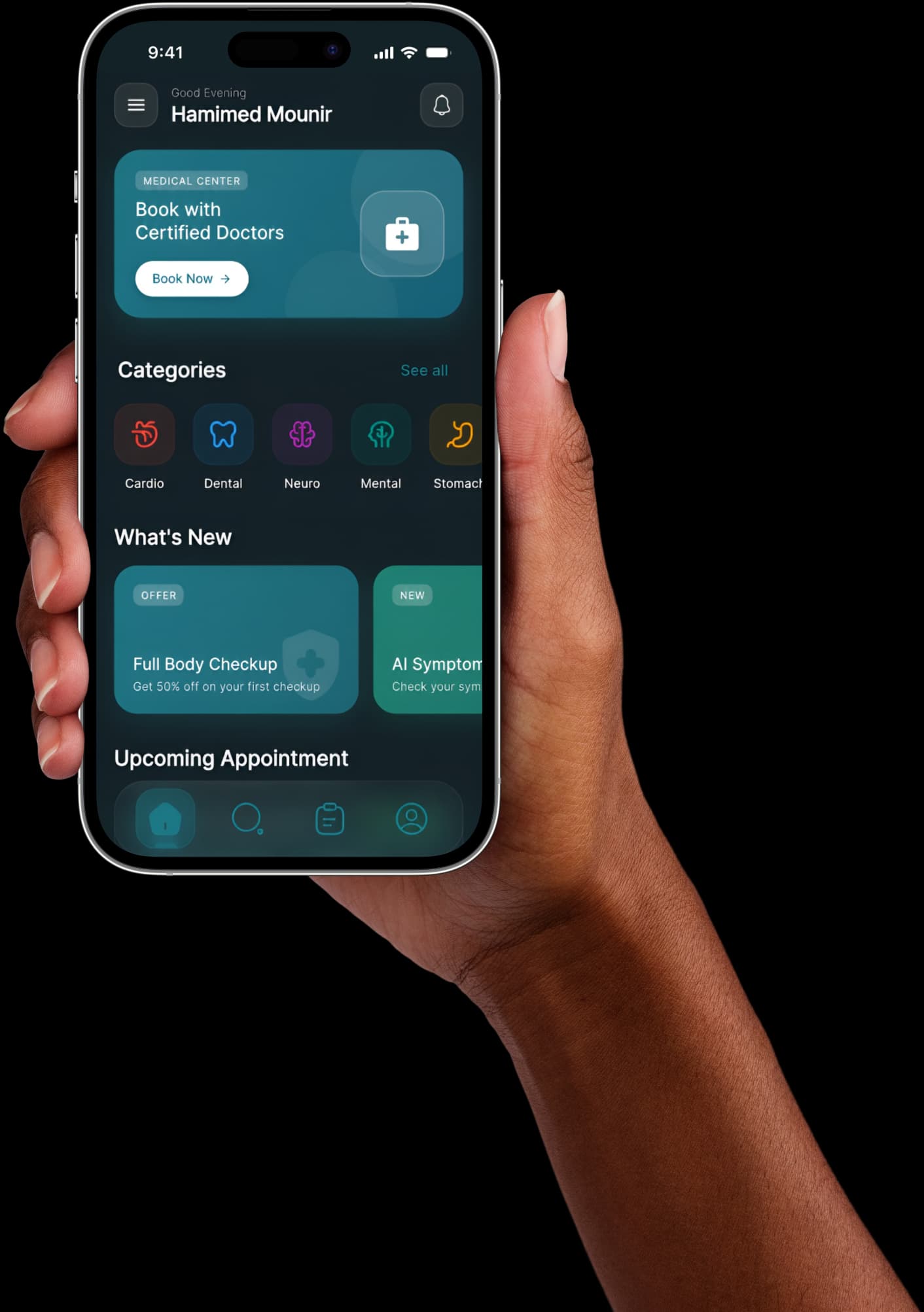 MeaDoc Mobile App Dark Mode UI Mockup